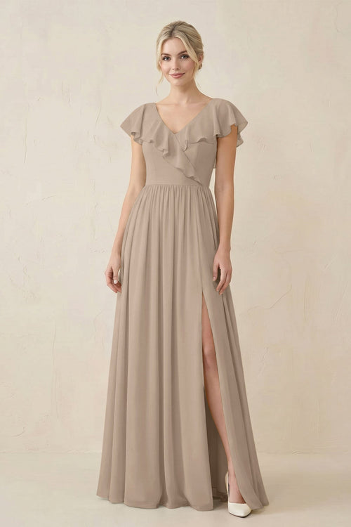 Almond Cap Sleeve A-Line Ruffled Chiffon Bridesmaid Dress | KISSBRIDAL