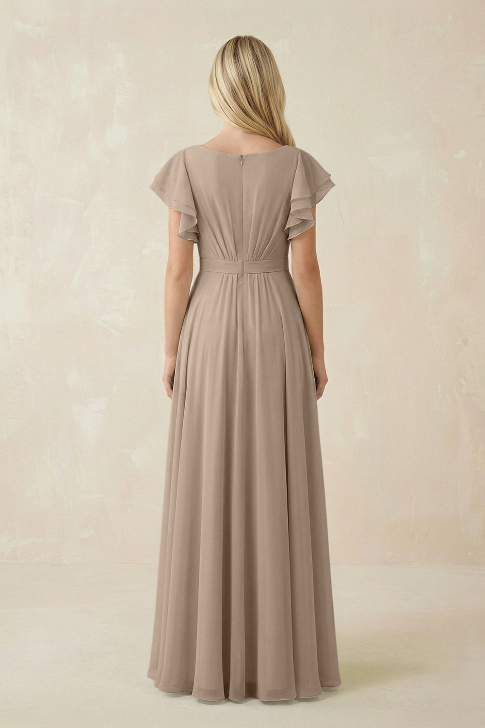Cap Sleeve Ruffled A-Line Chiffon Bridesmaid Dress in Almond