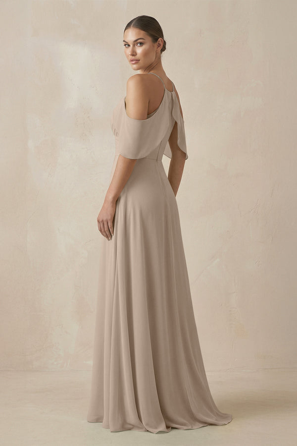 Almond Chiffon A-Line Long Bridesmaid Dress (2) | KISSBRIDAL