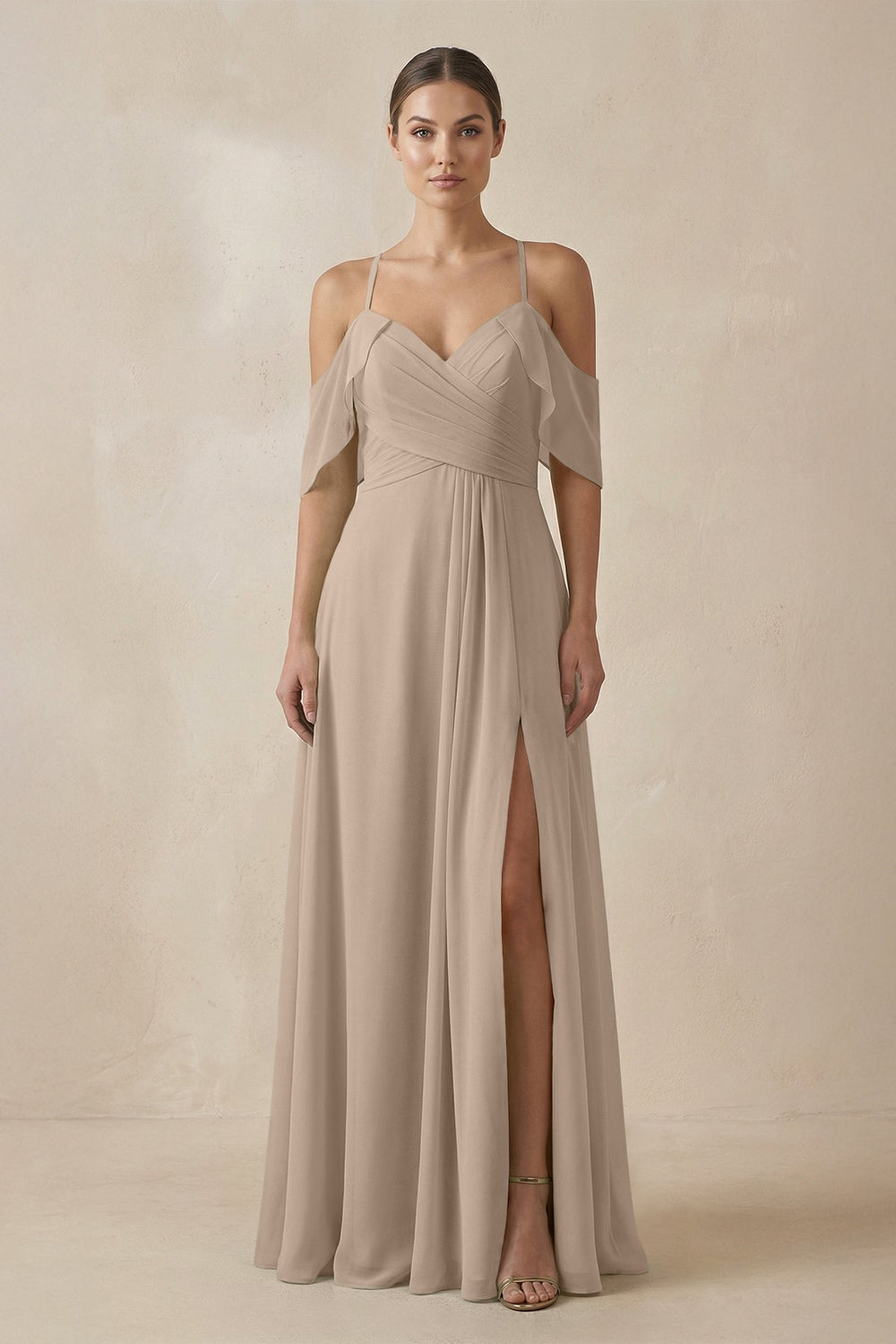 Chiffon A-Line Long Bridesmaid Dress in Almond