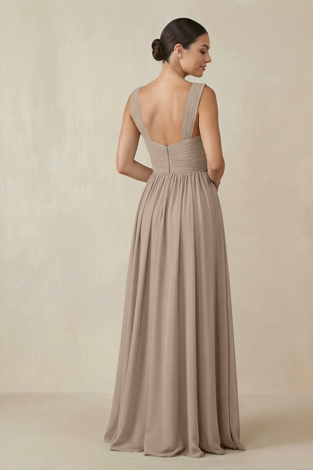 Chiffon A-Line Pleated Bridesmaid Dress in Almond