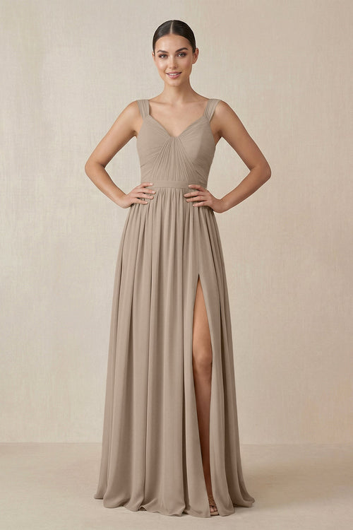 Almond Chiffon A-Line Pleated Bridesmaid Dress | KISSBRIDAL