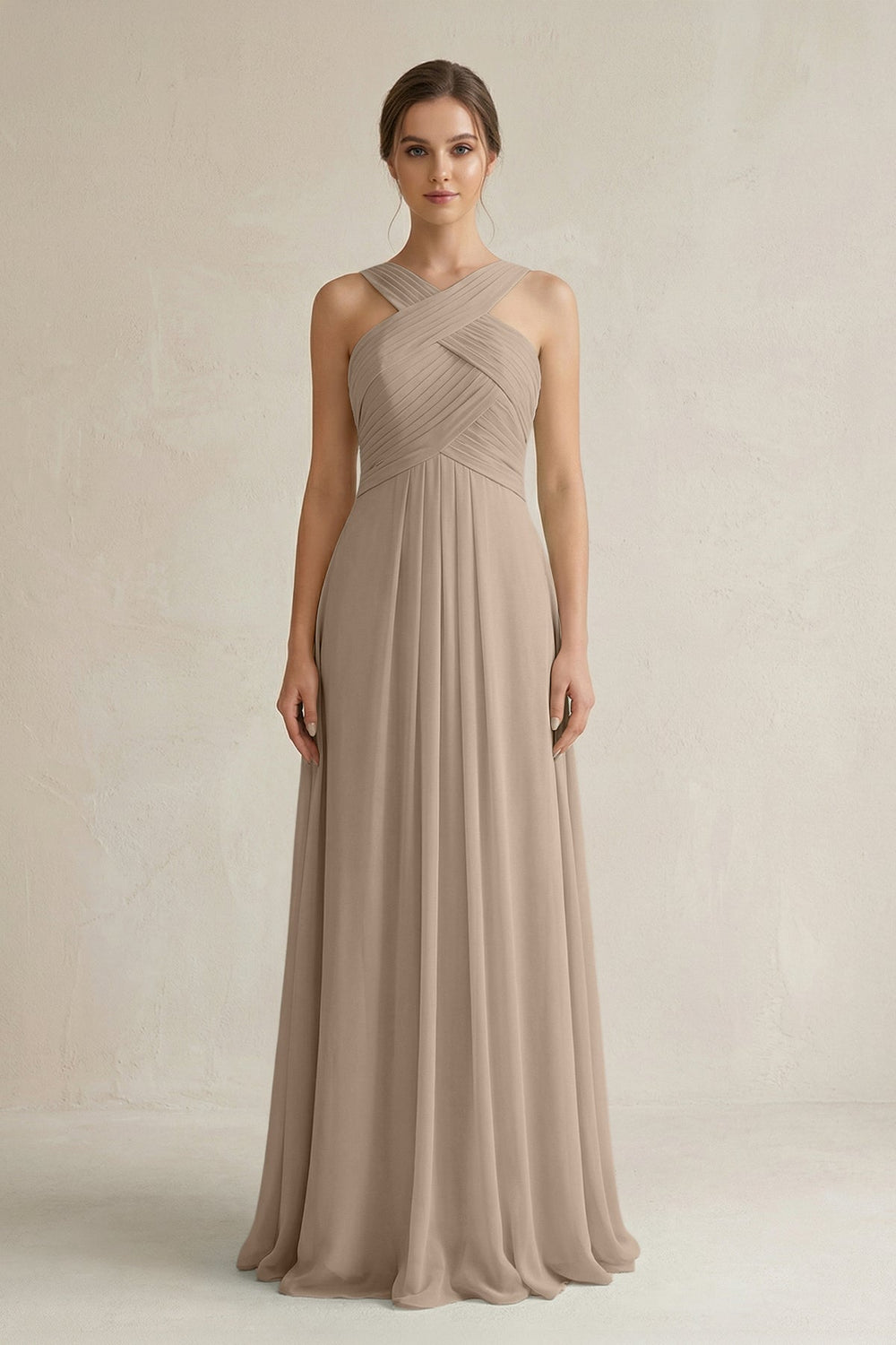 Cross Halter Chiffon A-Line Pleated Bridesmaid Dress in Almond