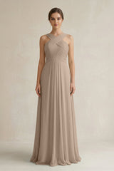Almond Cross Halter Chiffon A-Line Pleated Bridesmaid Dress | KISSBRIDAL