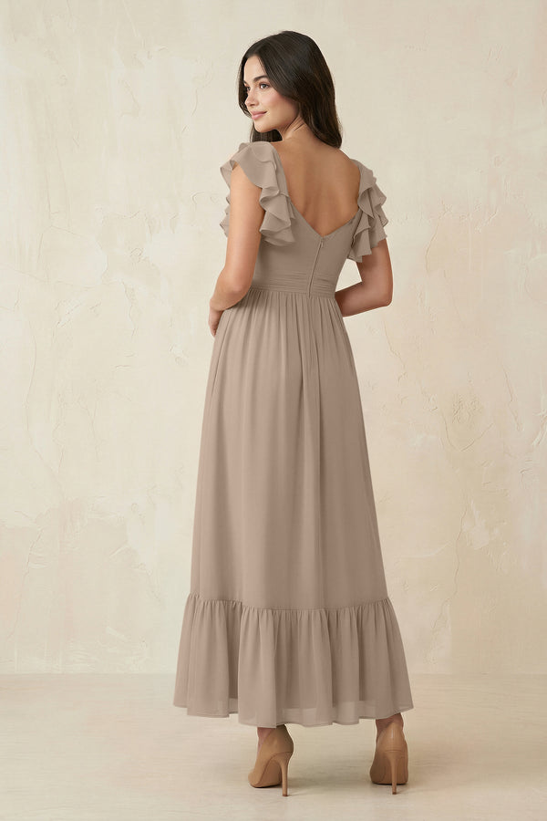 Almond Flutter Sleeve Sweetheart A-Line Chiffon Bridesmaid Dress (2) | KISSBRIDAL