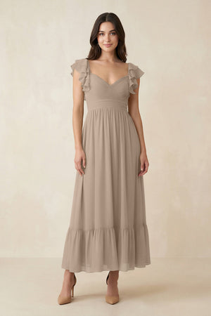 Almond Flutter Sleeve Sweetheart A-Line Chiffon Bridesmaid Dress | KISSBRIDAL