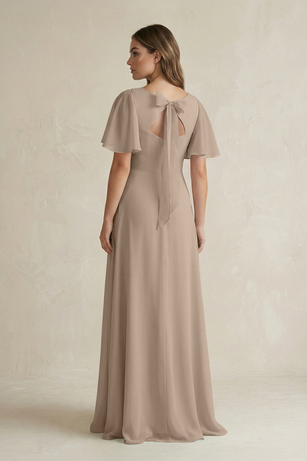 Flutter Sleeve V-Neck A-Line Chiffon Bridesmaid Dress in Almond