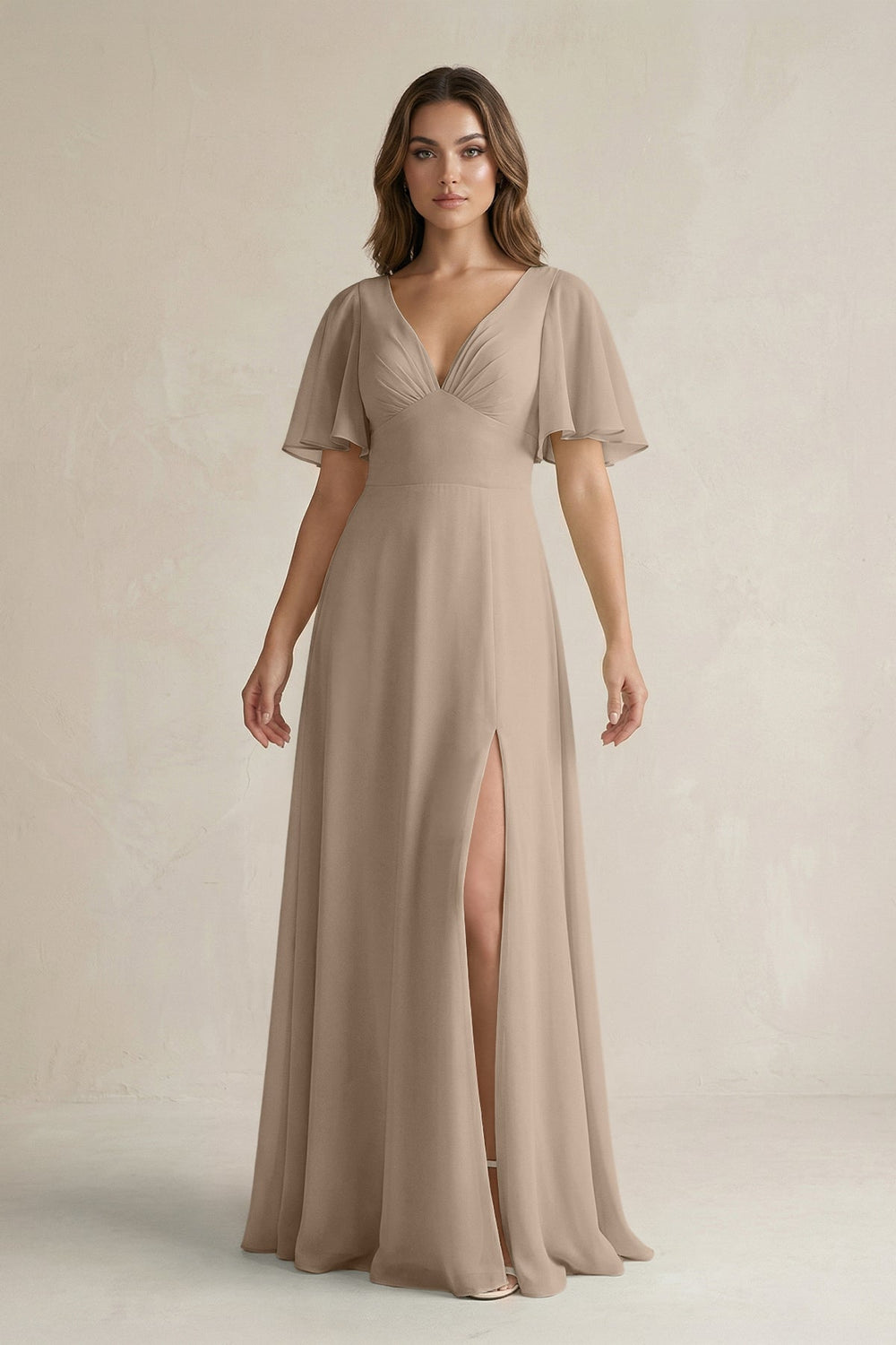 Flutter Sleeve V-Neck A-Line Chiffon Bridesmaid Dress in Almond