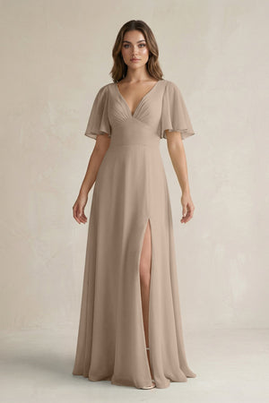 Almond Flutter Sleeve V-Neck A-Line Chiffon Bridesmaid Dress | KISSBRIDAL