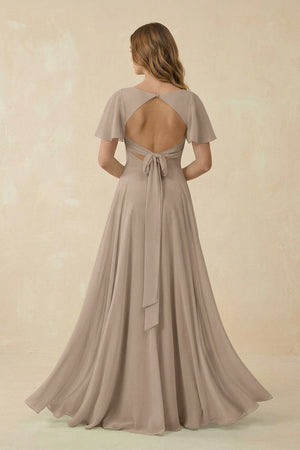 Almond Flutter Sleeve V-Neck Chiffon A-Line Bridesmaid Dress (2) | KISSBRIDAL