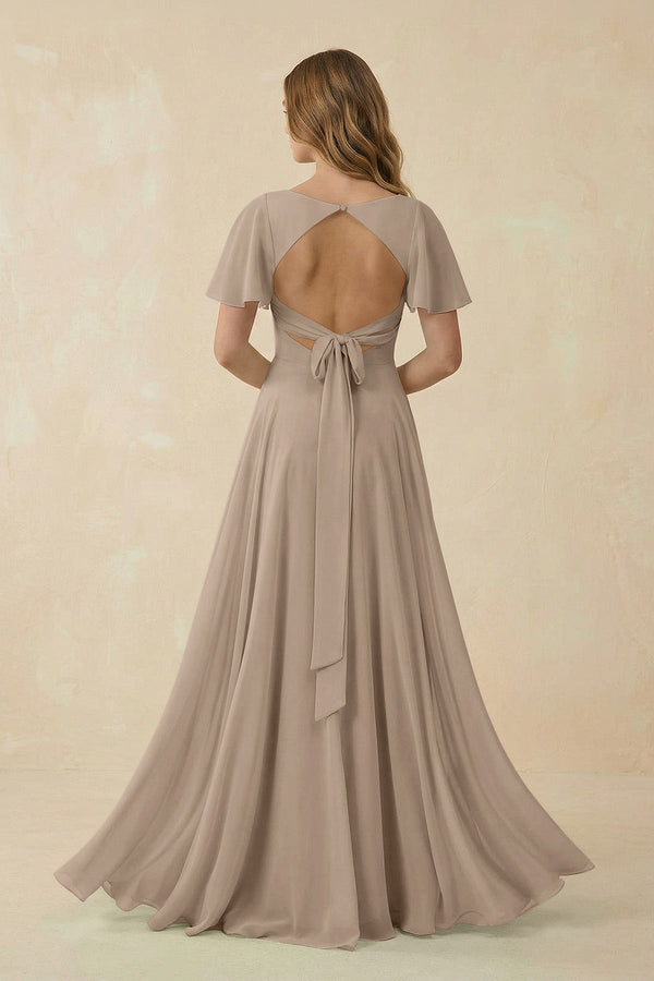 Almond Flutter Sleeve V-Neck Chiffon A-Line Bridesmaid Dress (2) | KISSBRIDAL