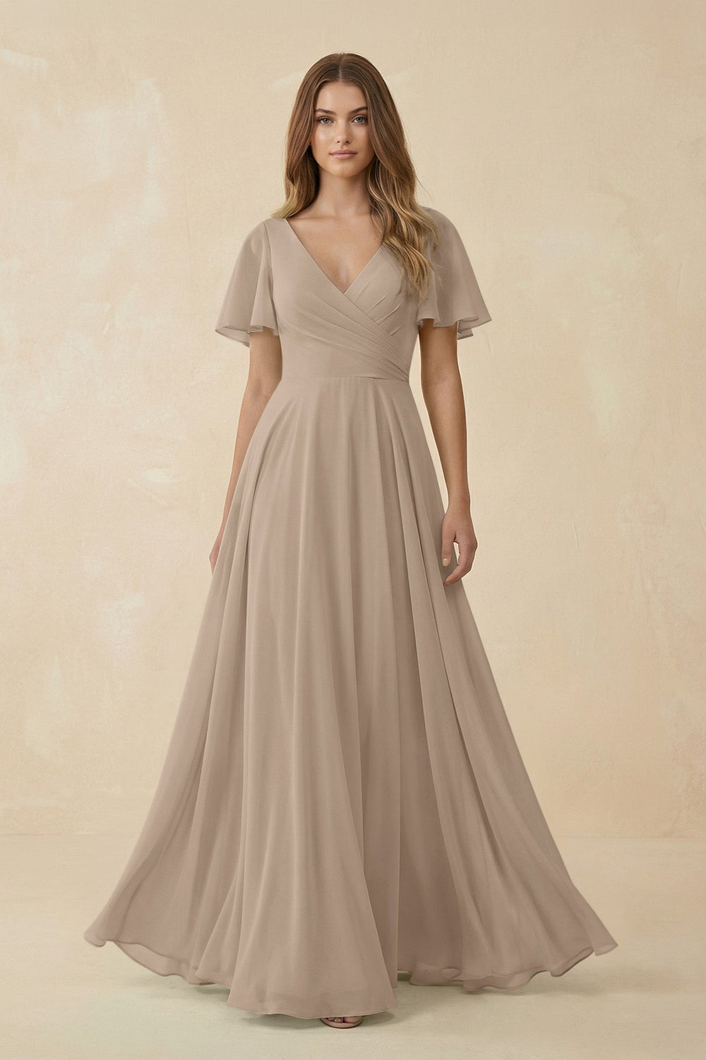 Flutter Sleeve V-Neck Chiffon A-Line Bridesmaid Dress in Almond
