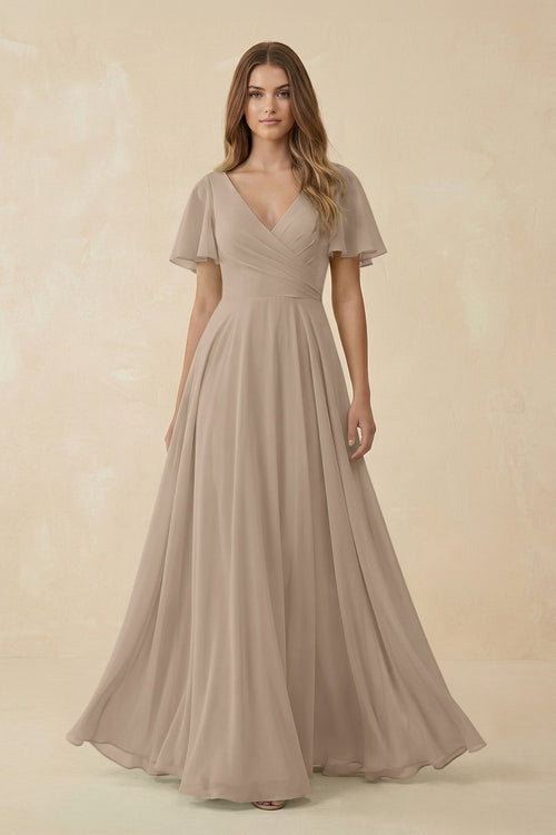 Almond Flutter Sleeve V-Neck Chiffon A-Line Bridesmaid Dress | KISSBRIDAL