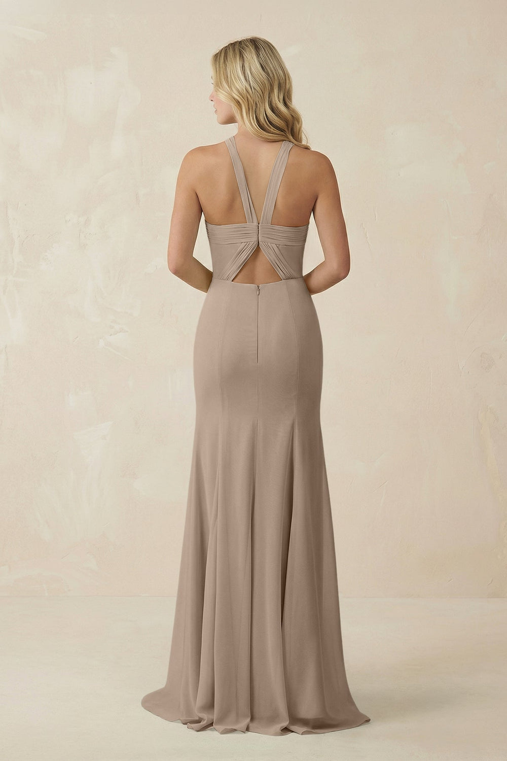 Halter Chiffon Mermaid Ruched Bridesmaid Dress in Almond