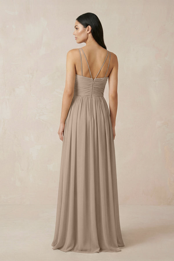 Almond Halter Neck A-Line Chiffon Bridesmaid Dress (2) | KISSBRIDAL