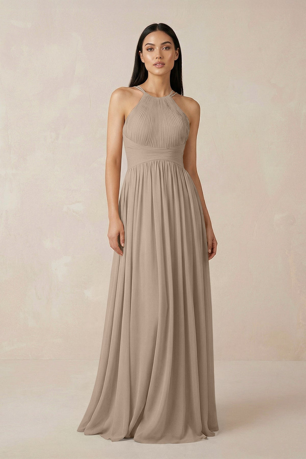Halter Neck A-Line Chiffon Bridesmaid Dress in Almond