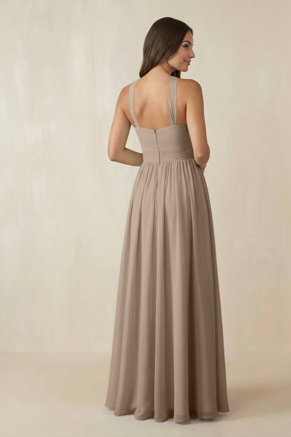 Halter Neck Ruched A-Line Chiffon Bridesmaid Dress in Almond