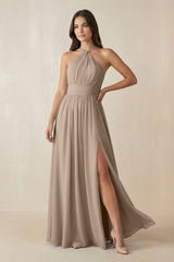Almond Halter Neck Ruched A-Line Chiffon Bridesmaid Dress | KISSBRIDAL