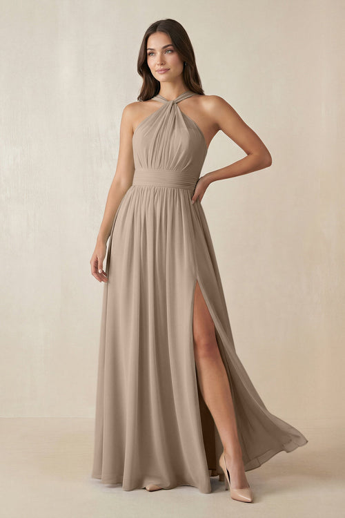 Almond Halter Neck Ruched A-Line Chiffon Bridesmaid Dress | KISSBRIDAL