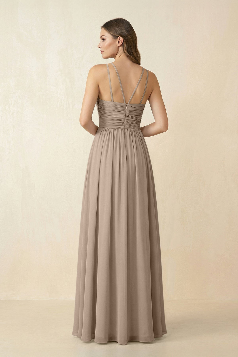 Halter Pleated A-Line Chiffon Bridesmaid Dress in Almond