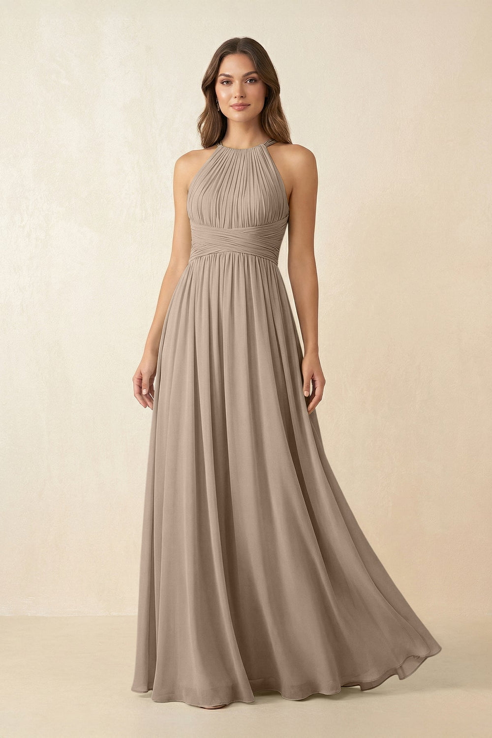 Halter Pleated A-Line Chiffon Bridesmaid Dress in Almond