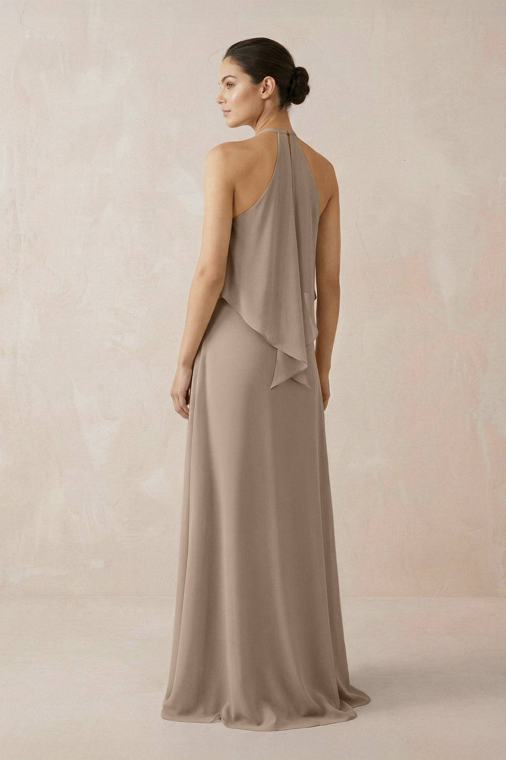 Halter Sheath Ruffled Chiffon Bridesmaid Dress in Almond