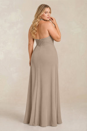 Almond High Neck Chiffon Sheath Ruched Bridesmaid Dress (2) [sizeplus] | KISSBRIDAL