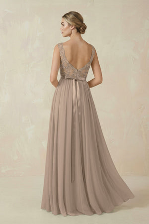 Almond Lace A-Line Bateau Neck Chiffon Long Bridesmaid Dress (2) | KISSBRIDAL