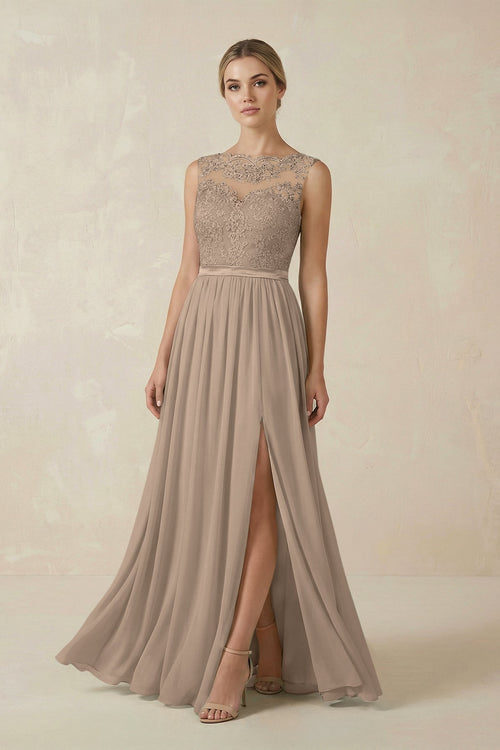 Almond Lace A-Line Bateau Neck Chiffon Long Bridesmaid Dress | KISSBRIDAL