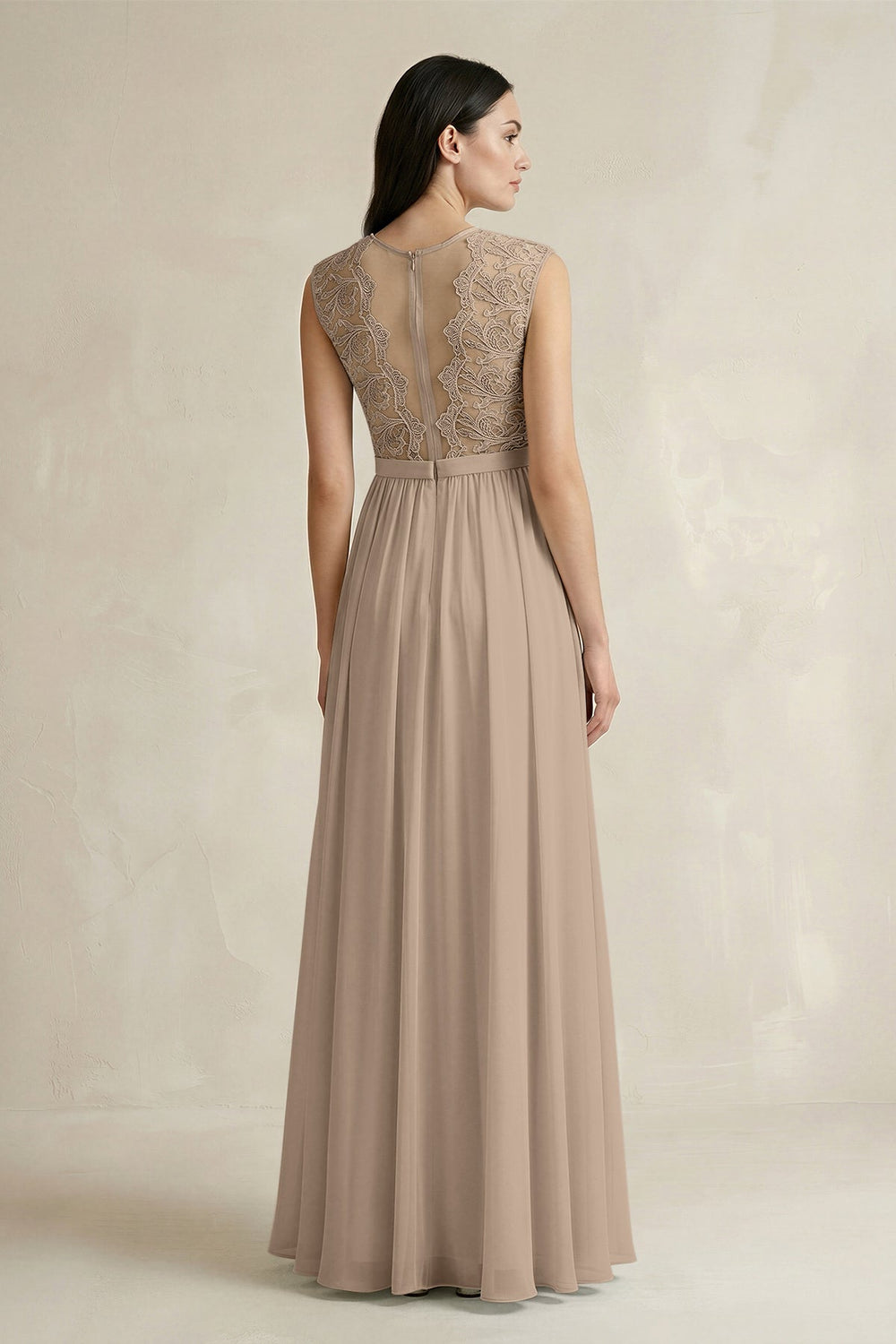 Lace Chiffon A-Line Round Neck Bridesmaid Dress in Almond