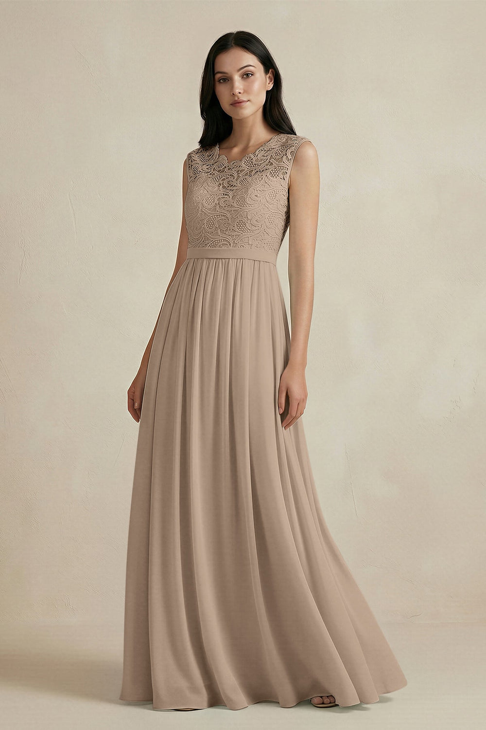 Lace Chiffon A-Line Round Neck Bridesmaid Dress in Almond