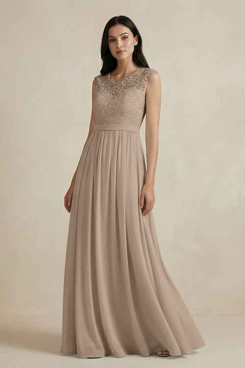 Almond Lace Chiffon A-Line Round Neck Bridesmaid Dress | KISSBRIDAL