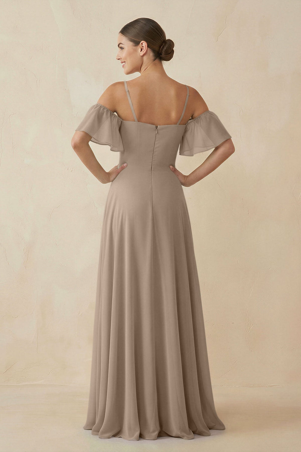 Off-the-Shoulder A-Line Chiffon Bridesmaid Dress in Almond