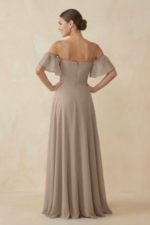 Almond Off-the-Shoulder A-Line Chiffon Bridesmaid Dress (2) | KISSBRIDAL