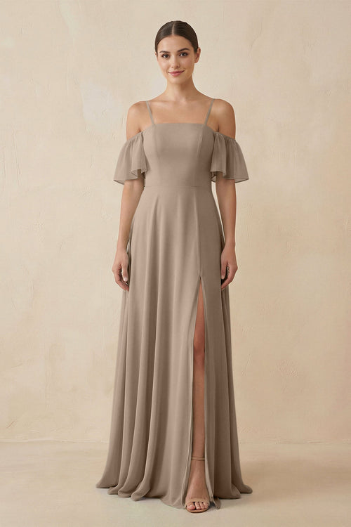 Almond Off-the-Shoulder A-Line Chiffon Bridesmaid Dress | KISSBRIDAL
