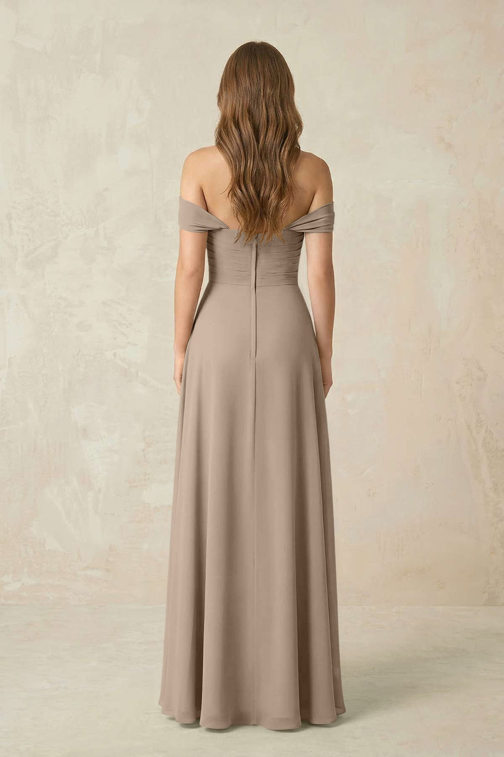 Off-the-Shoulder A-Line Chiffon Pleated Bridesmaid Dress in Almond