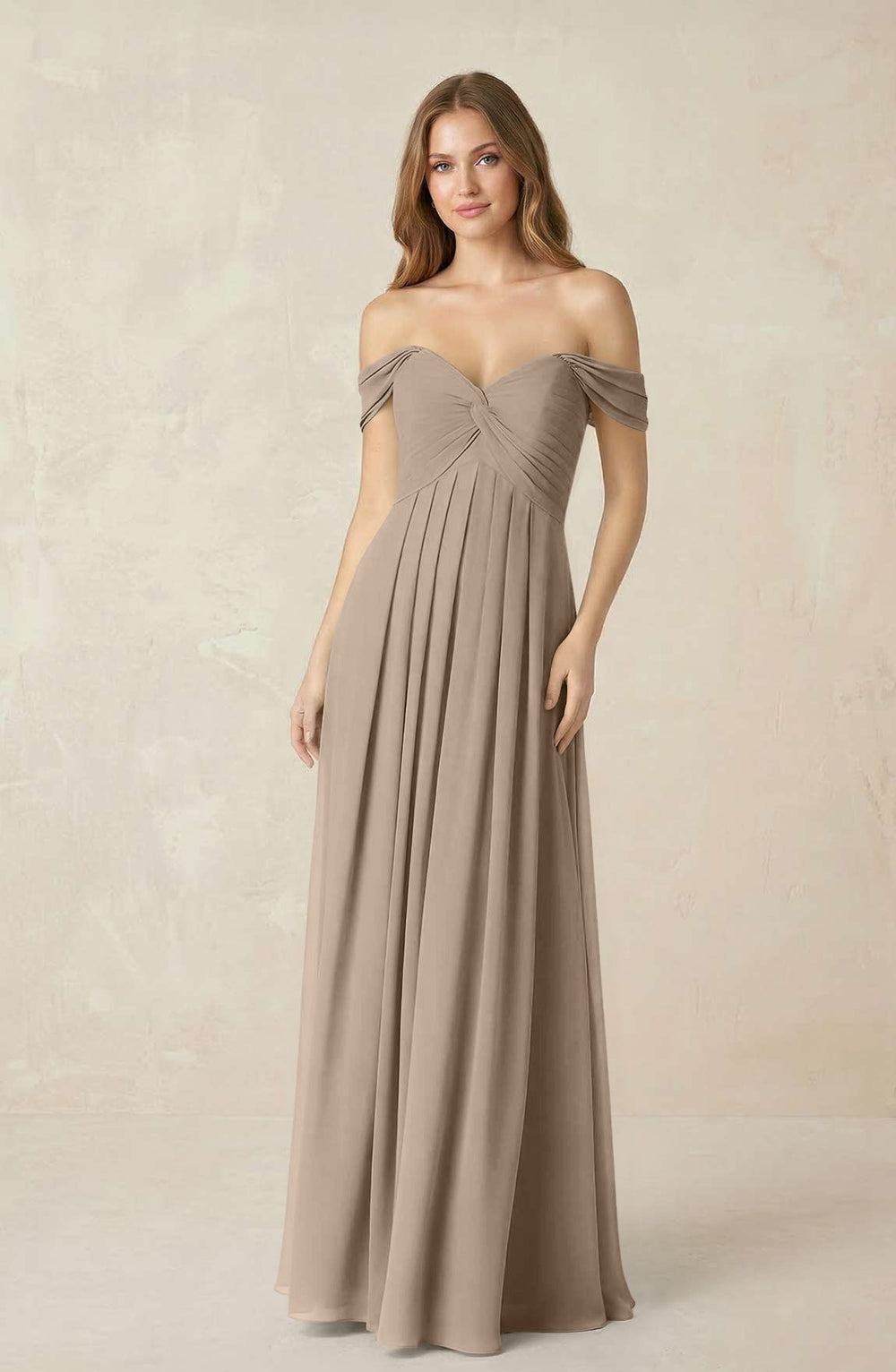 Off-the-Shoulder A-Line Chiffon Pleated Bridesmaid Dress in Almond