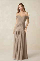 Almond Off-the-Shoulder A-Line Chiffon Pleated Bridesmaid Dress | KISSBRIDAL