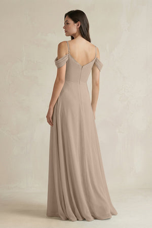 Almond Off-the-Shoulder Chiffon A-Line Bridesmaid Dress (2) | KISSBRIDAL
