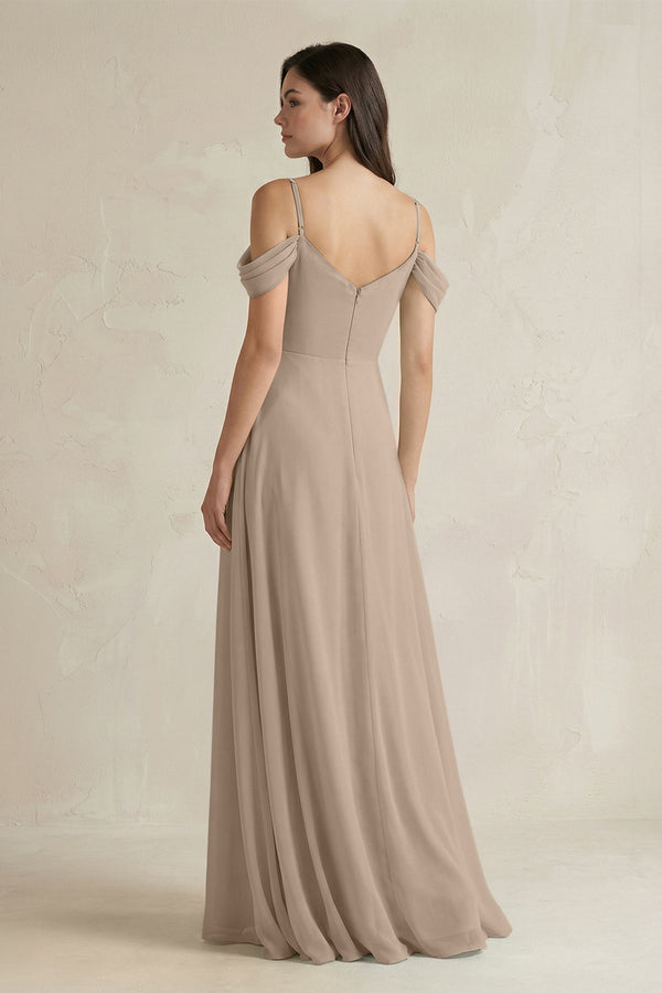 Almond Off-the-Shoulder Chiffon A-Line Bridesmaid Dress (2) | KISSBRIDAL