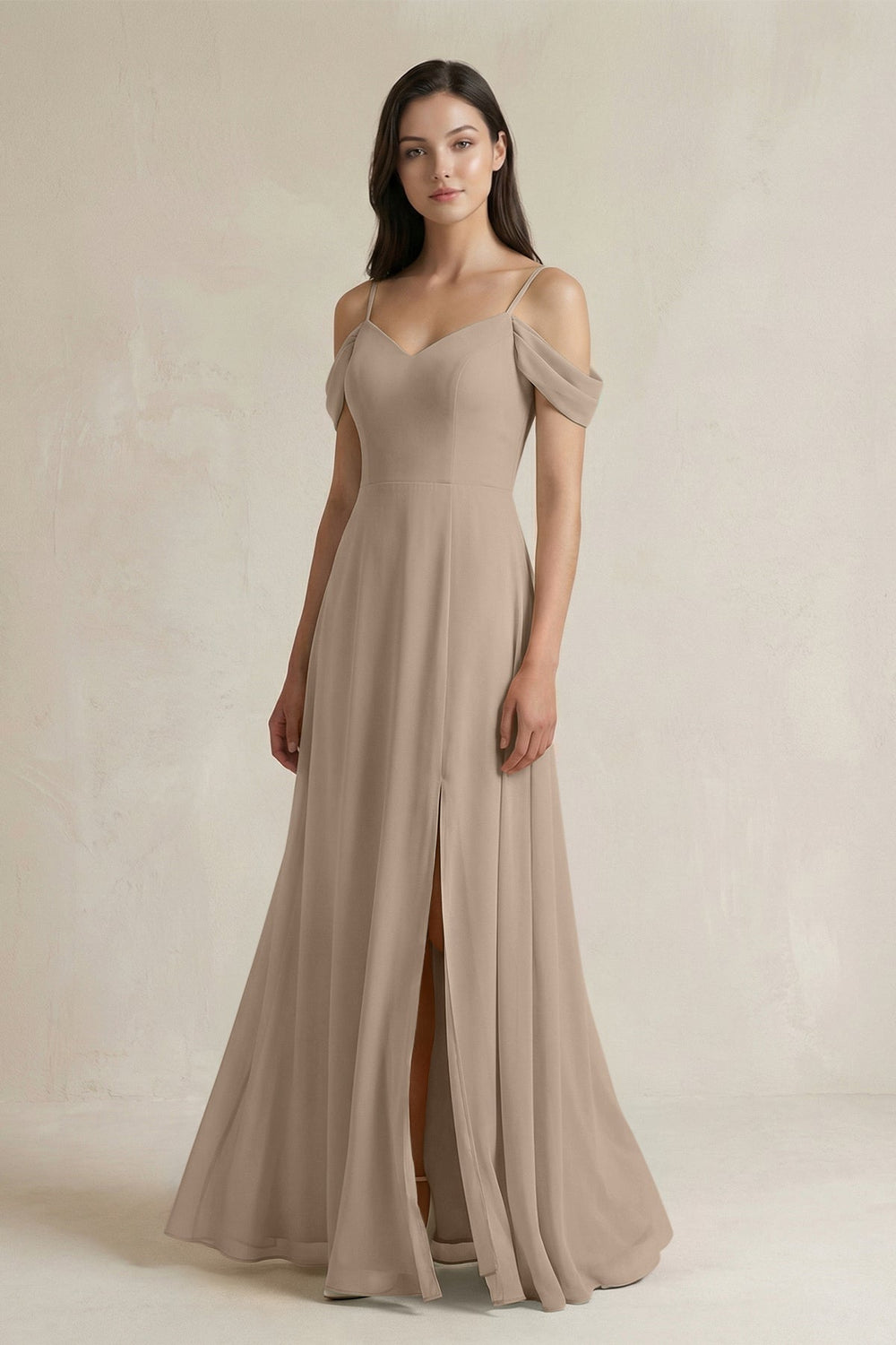 Off-the-Shoulder Chiffon A-Line Bridesmaid Dress in Almond