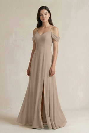 Almond Off-the-Shoulder Chiffon A-Line Bridesmaid Dress | KISSBRIDAL