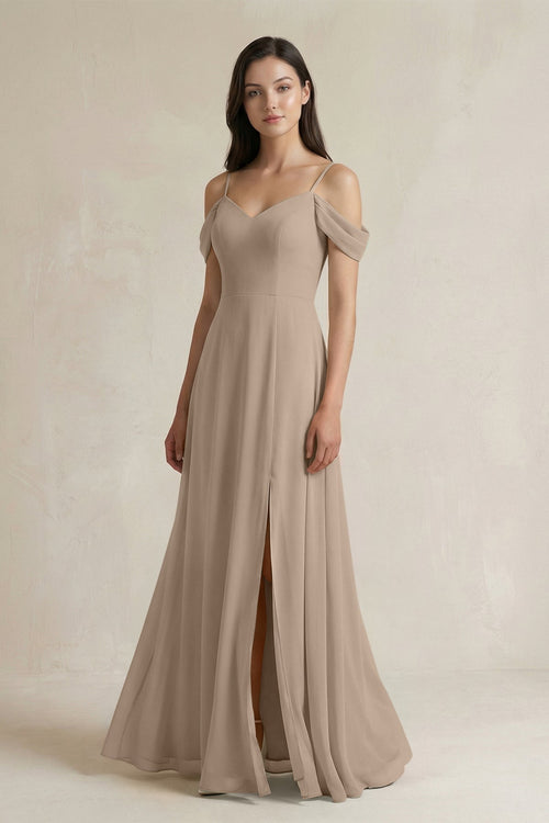 Almond Off-the-Shoulder Chiffon A-Line Bridesmaid Dress | KISSBRIDAL