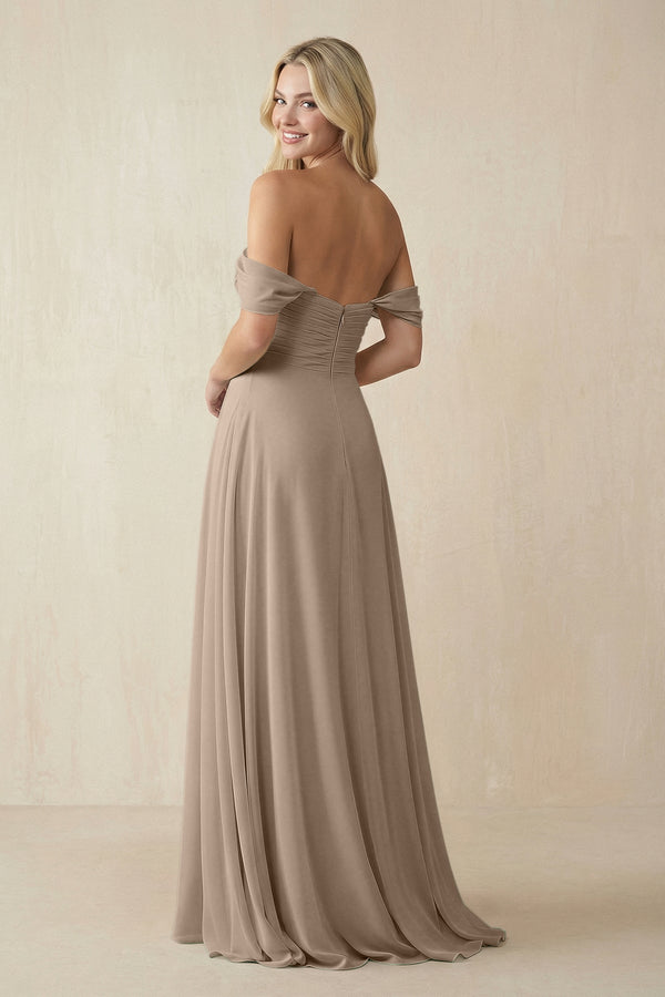 Almond Off-the-Shoulder Chiffon A-Line Long Bridesmaid Dress (2) | KISSBRIDAL