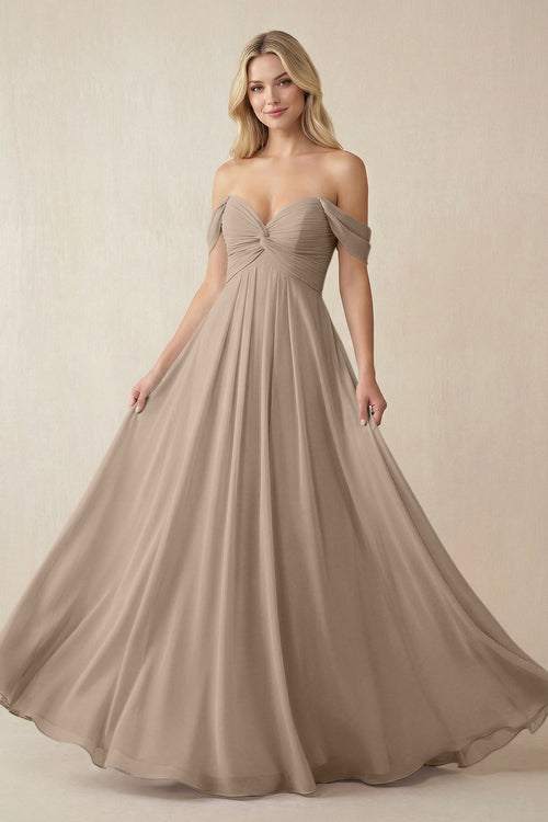 Almond Off-the-Shoulder Chiffon A-Line Long Bridesmaid Dress | KISSBRIDAL