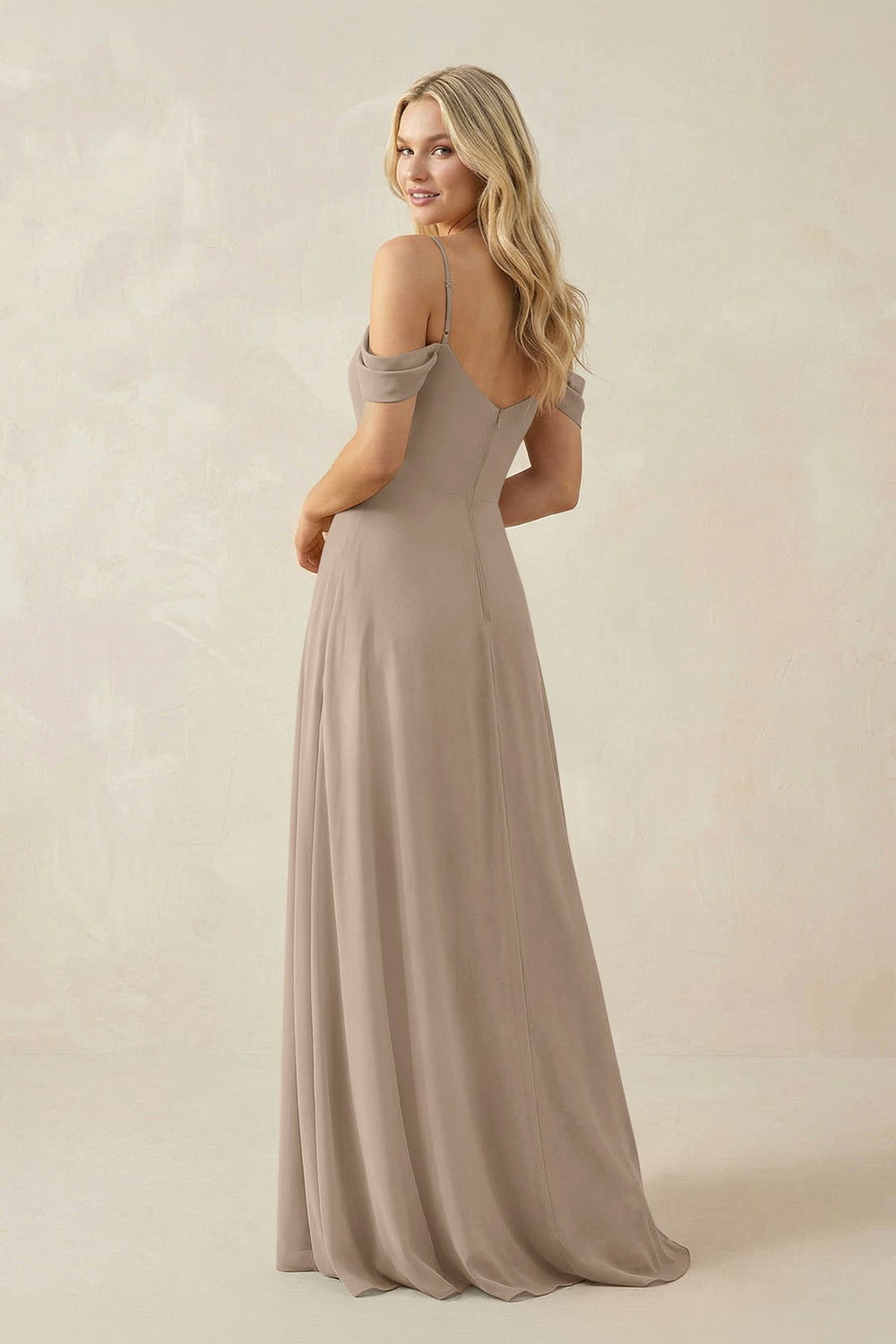Off-the-Shoulder Chiffon A-Line Maxi Bridesmaid Dress in Almond