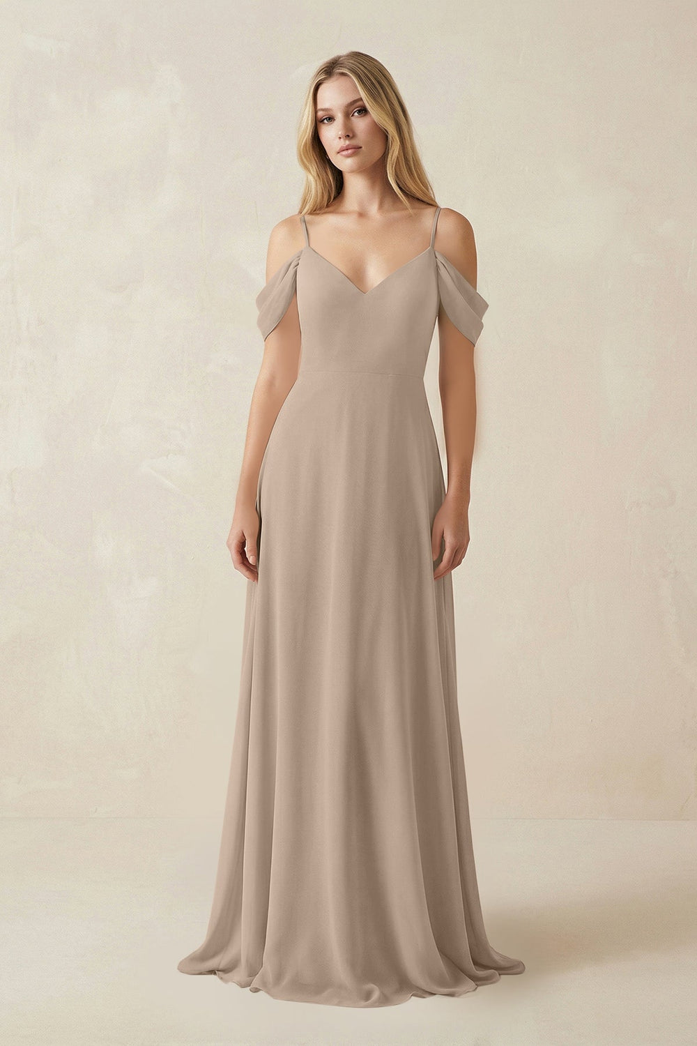 Off-the-Shoulder Chiffon A-Line Maxi Bridesmaid Dress in Almond