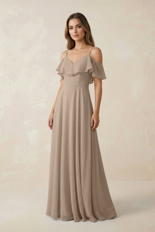 Almond Off-the-Shoulder Ruffled A-Line Chiffon Bridesmaid Dress | KISSBRIDAL