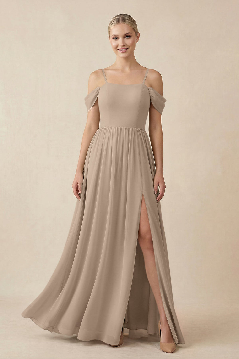 Off-the-Shoulder Sweetheart A-Line Chiffon Bridesmaid Dress in Almond