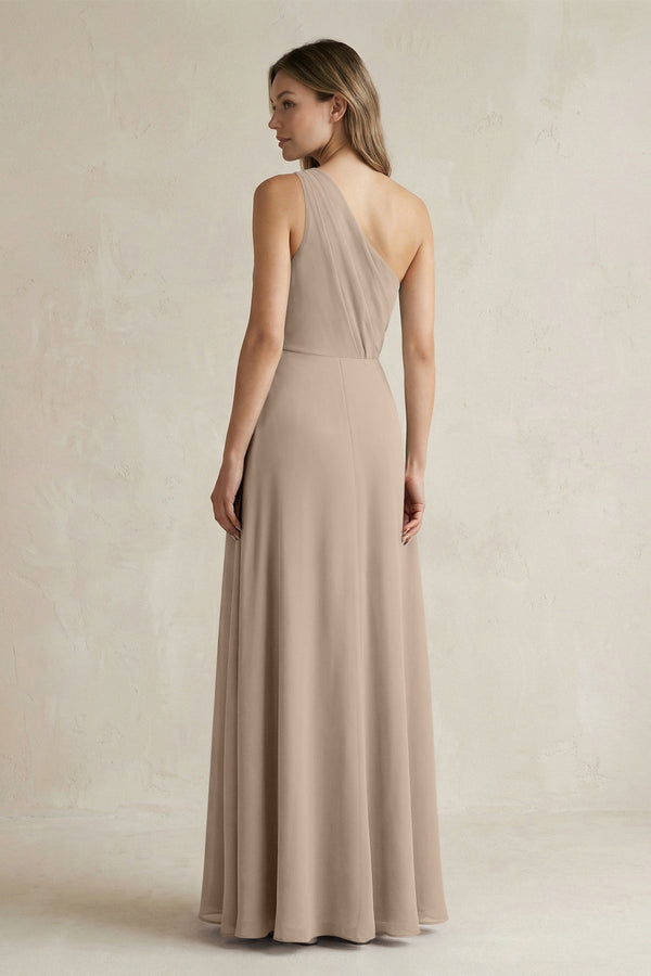 Almond One-Shoulder Chiffon A-Line Bridesmaid Dress With Slit (2) | KISSBRIDAL